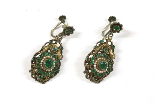 Lot 192 - A pair of Austro-Hungarian silver gilt green paste and seed pearl drop earrings