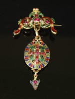 Lot 49 - A late Victorian Holbeinesque foiled ruby and diamond enamelled brooch/pendant