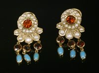 Lot 664 - A pair of gold garnet, cultured pearl and turquoise drop earrings