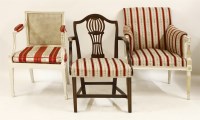 Lot 383 - Two Louis XVI style armchairs with striped upholstery and another