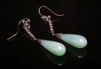 Lot 130 - A pair of Art Deco jade and diamond drop earrings