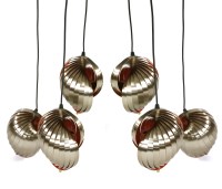 Lot 499 - A pair of Danish aluminium and coloured three-light coiled ceiling sets