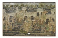 Lot 283 - A large 20th century Indian painting on linen of a procession of elephants