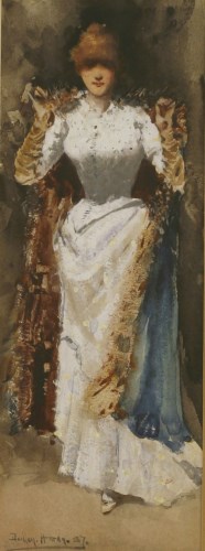 Lot 284 - Dudley Hardy (1865-1922)
A WOMAN IN A WHITE DRESS HOLDING A CAPE
Signed and dated '87 l.l.