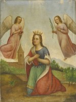 Lot 224 - A FRENCH 19TH CENTURY PAINTING
A GOTHIC-STYLE PAINTING OF ST BARBARA
Oil on canvas
64 x 48cm