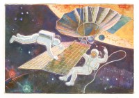 Lot 120 - V KRAVCHENKO (20th century)
RUSSIAN COSMONAUTS REPAIR A SATELLITE IN DEEP SPACE
Signed u.r.