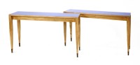 Lot 351 - A pair of Italian ash and laminated blue console tables