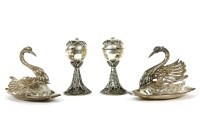 Lot 110 - A pair of French white metal and glass swan salts