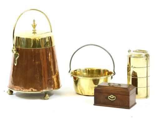 Lot 196 - A copper and brass coal scuttle together with a jam pan and a Chippendale tea caddy and a brass three tier tiffin box