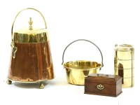Lot 196A - A copper and brass coal scuttle together with a jam pan and a Chippendale tea caddy and a brass three tier tiffin box