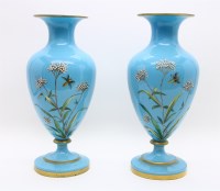 Lot 302 - A pair of Victorian turquoise glass vases with enamel flower and dragonfly decoration
