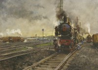 Lot 107 - Terence Cuneo (1907-1996)
'THE QUEUE FOR THE SHEDS - FRENCH LOCOMOTIVES WAITING AT BOULOGNE DEPOT'
Signed and dated 'February '79' l.r.