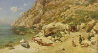 Lot 718 - ... Moratti (?) (Italian)
A COASTAL VIEW OF CAPRI WITH FIGURES AND BOATS IN THE FOREGROUND
Indistinctly signed and inscribed 'Capri' l.r