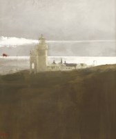 Lot 77 - B...Macdonald (20th century)
'PELLEAS AND MELISANDE' - A VIEW OF BUILDINGS ON THE COAST
Signed with initials and dated '99 l.l.