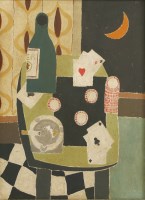 Lot 164 - Modern British School
STILL LIFE WITH A BOTTLE AND PLAYING CARDS ON A TABLE
Oil on canvas
51 x 41cm