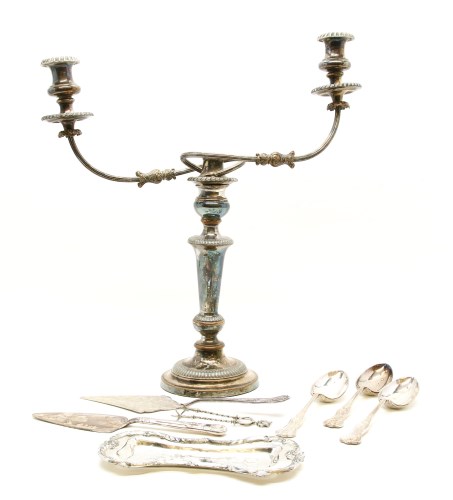 Lot 250 - A pair of Victorian Sheffield plated three light candleabra