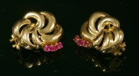 Lot 232 - A pair of Italian gold and synthetic ruby earrings with an open scrolling spray