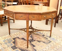 Lot 391 - A George III and later Sheraton satinwood and painted octagonal library table