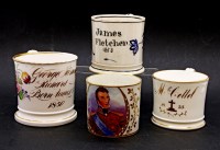 Lot 187 - Four 19th century china mugs: one painted with a portrait of the Duke Wellington