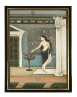 Lot 769 - Indian School
A SCANTILY-CLAD FEMALE IN AN INTERIOR
Gouache on fabric 
130 x 85cm

Provenance:  From the estate of the late Henry Wilson.