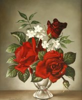 Lot 724 - James Noble (1919-1989)
A STILL LIFE OF RED ROSES IN A GLASS VASE
Signed l.l.