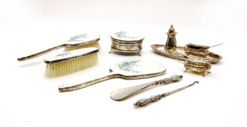Lot 122 - A post war silver and guilloche enamelled four piece dressing table set