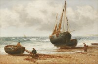 Lot 717 - Alexander Young (1865-1923)
FISHERMEN MENDING NETS NEAR BEACHED VESSELS
Signed and dated 1911 l.l.