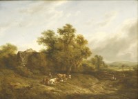 Lot 696 - Richard Hilder (1813-1852)
A WOODED LANDSCAPE WITH A FIGURE AND CATTLE NEAR FARM COTTAGES;
A RIVER LANDSCAPE WITH CATTLE WATERING AND FIGURES ON A JETTY
A pair