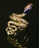Lot 261 - A Continental gold and enamel snake ring