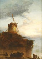 Lot 712 - Henry Bright (1810-1873)
A COASTAL SCENE AT SUNSET WITH FIGURES IN A BOAT NEAR A WINDMILL
Oil on canvas
110 x 81cm

Provenance:  With Mandell's Gallery