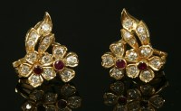 Lot 228 - A pair of synthetic ruby and diamond spray earrings