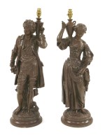 Lot 955 - A pair of spelter figural table lamps and shades
