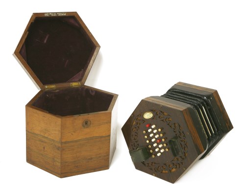 Lot 129 - A Wheatstone rosewood hexagonal forty-eight button concertina