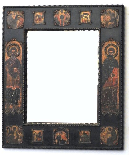 Lot 516 - A Russian Orthodox mirror frame with illustrations of Saints decorated with paste stones