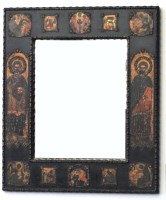 Lot 516A - A Russian Orthodox mirror frame with illustrations of Saints decorated with paste stones