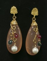 Lot 276 - A pair of Italian rose gold, stained chalcedony, tourmaline and cultured freshwater pearl earrings