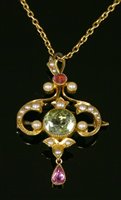 Lot 92 - An Edwardian green tourmaline, pink tourmaline and split pearl brooch/pendant, c.1905