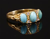 Lot 64 - An 18ct gold turquoise and diamond carved head ring, c.1900