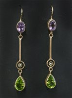 Lot 431 - A pair of Edwardian style rose gold amethyst, peridot and cultured pearl drop earrings