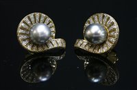 Lot 390 - A pair of gold Tahitian cultured pearl and diamond clamshell-style earrings