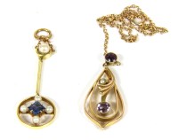 Lot 37 - A gold blue paste and split pearl circular drop pendant
