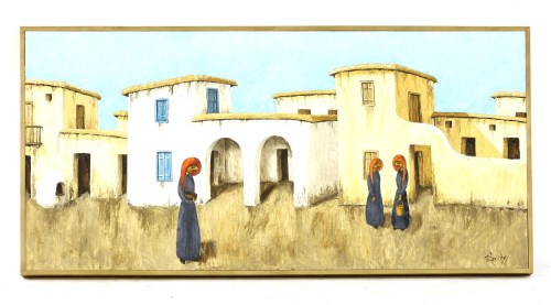 Lot 613 - Xanthos Hadjisoteriou (1920-2003)
HOUSES OF PARALIMOVI 
Signed l.r. and dated 78
oil on board 
56.5 x 113cm 
together with two further street scenes by the same artist (3)