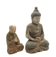 Lot 613A - Two Chinese wood carvings of Buddha and a monk