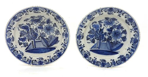 Lot 376 - Two Delftware blue and white chargers. 34cm diam.