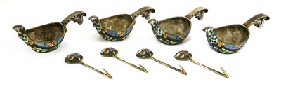 Lot 87 - A set of four Russian silver and enamel kovshi