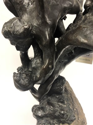 Lot 17 - An early 20th century bronze sculpture depicting Daedalus in flight carrying Icarus beneath