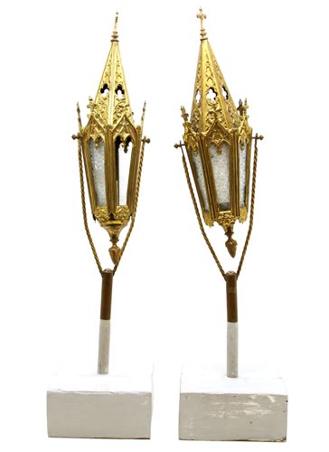 Lot 363 - A pair of Gothic revival gilt metal and frosted glass processionary lanterns