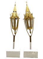 Lot 363 - A pair of Gothic revival gilt metal and frosted glass processionary lanterns