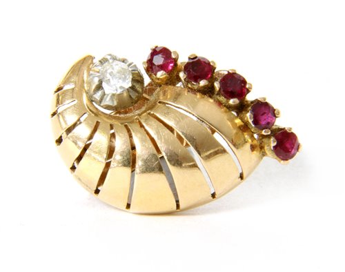 Lot 4 - A single gold diamond and ruby cornet shaped earring