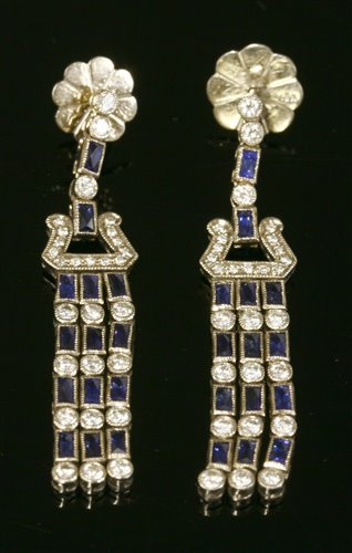 Lot 289 - A pair of white gold, Art Deco-style, sapphire and diamond girandole drop earrings